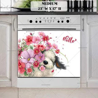 Preview of Fluffy Puppy with Flowers magnet in Medium size.