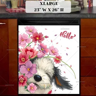 Preview of Fluffy Puppy with Flowers magnet in Extra Large size.