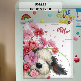 Preview of Fluffy Puppy with Flowers magnet in Small size.