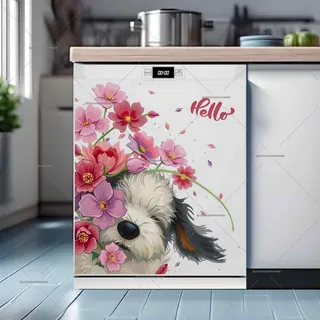 Preview of Fluffy Puppy with Flowers magnet.