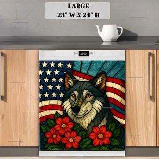 Preview of Stained Glass American Wolf and Flag magnet in Large size.