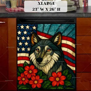 Preview of Stained Glass American Wolf and Flag magnet in Extra Large size.