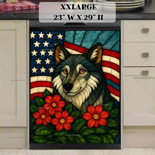 Preview of Stained Glass American Wolf and Flag magnet in XX Large size.