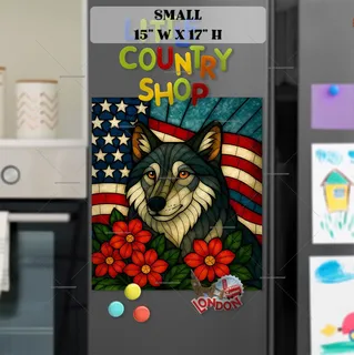 Preview of Stained Glass American Wolf and Flag magnet in Small size.