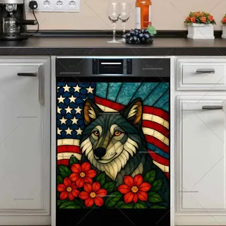 Preview of Stained Glass American Wolf and Flag magnet.