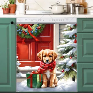 Preview of Christmas Puppy at the Door magnet.