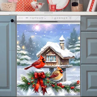 Preview of Cardinals at the Christmas Birdhouse magnet.