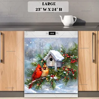 Preview of Christmas Cardinal Couple and Birdhouse magnet in Large size.