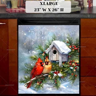 Preview of Christmas Cardinal Couple and Birdhouse magnet in Extra Large size.