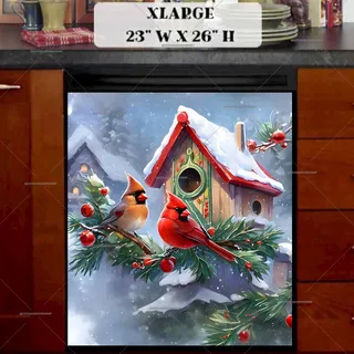 Preview of Cardinal Couple at the Christmas Birdhouse magnet in Extra Large size.