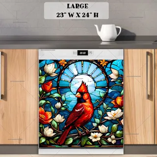 Preview of Stained Glass Cardinal and Flowers magnet in Large size.