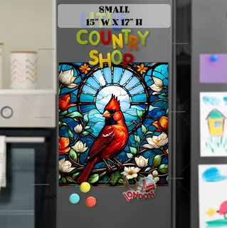 Preview of Stained Glass Cardinal and Flowers magnet in Small size.