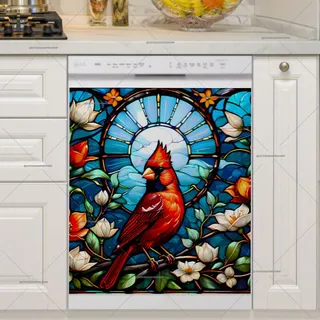 Preview of Stained Glass Cardinal and Flowers magnet.