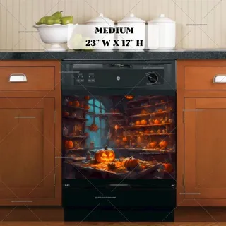 Preview of The Witch's Kitchen with Pumpkins magnet in Medium size.