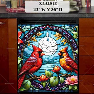 Preview of Stained Glass Cardinals and Flowers magnet in Extra Large size.