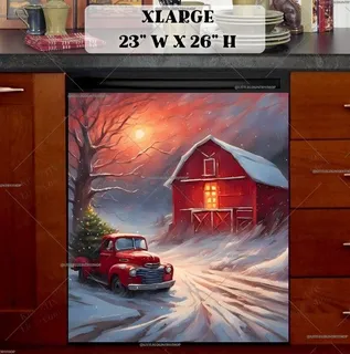 Preview of Red Truck with Christmas Tree at the Barn magnet in Extra Large size.