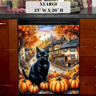 Preview of Autumn Village and a Black Cat magnet in Extra Large size.