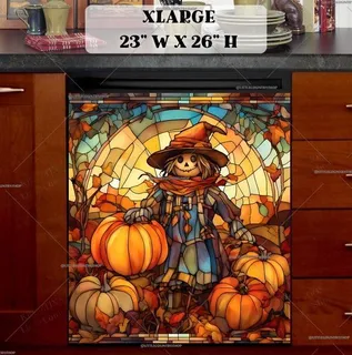 Preview of Stained Glass Scarecrow and Pumpkins magnet in Extra Large size.