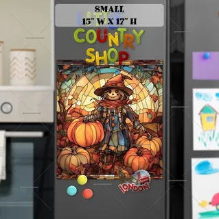 Preview of Stained Glass Scarecrow and Pumpkins magnet in Small size.