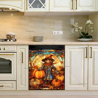 Preview of Stained Glass Scarecrow and Pumpkins magnet.