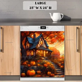 Preview of Stained Glass Cottage with Pumpkins magnet in Large size.