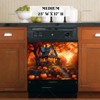 Preview of Stained Glass Cottage with Pumpkins magnet in Medium size.