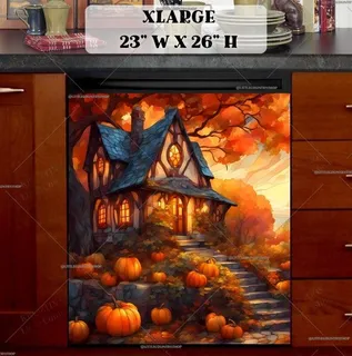 Preview of Stained Glass Cottage with Pumpkins magnet in Extra Large size.