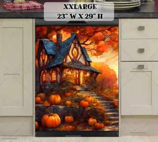 Preview of Stained Glass Cottage with Pumpkins magnet in XX Large size.