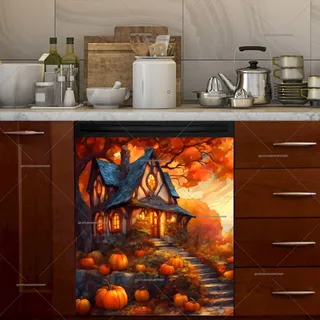 Preview of Stained Glass Cottage with Pumpkins magnet.