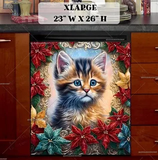 Preview of Stained Glass Christmas Kitten magnet in Extra Large size.