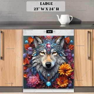 Preview of Beautiful Wolf with Gems and Flowers magnet in Large size.