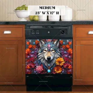 Preview of Beautiful Wolf with Gems and Flowers magnet in Medium size.