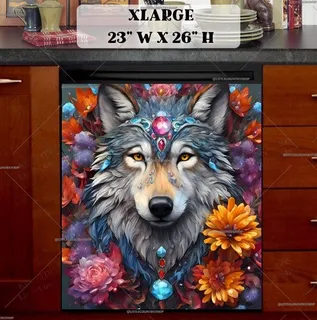 Preview of Beautiful Wolf with Gems and Flowers magnet in Extra Large size.