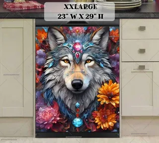 Preview of Beautiful Wolf with Gems and Flowers magnet in XX Large size.