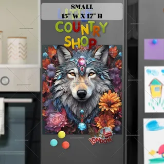 Preview of Beautiful Wolf with Gems and Flowers magnet in Small size.