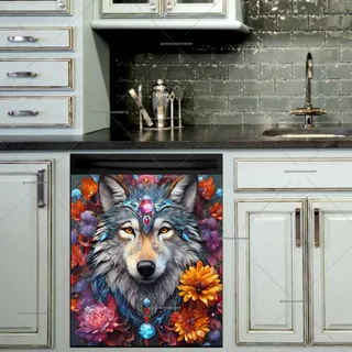 Preview of Beautiful Wolf with Gems and Flowers magnet.