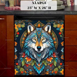 Preview of Colorful Folk Flowers and a Wolf magnet in Extra Large size.