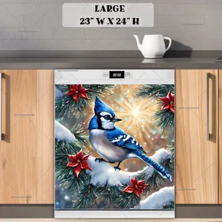 Preview of Blue Jay on a Snowy Pine Tree magnet in Large size.