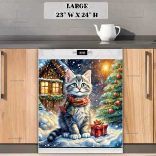 Preview of Kitten front of a Christmas Cottage magnet in Large size.