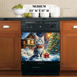 Preview of Kitten front of a Christmas Cottage magnet in Medium size.