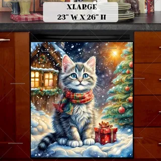 Preview of Kitten front of a Christmas Cottage magnet in Extra Large size.