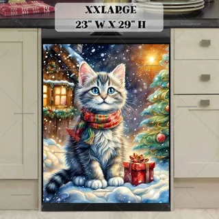 Preview of Kitten front of a Christmas Cottage magnet in XX Large size.