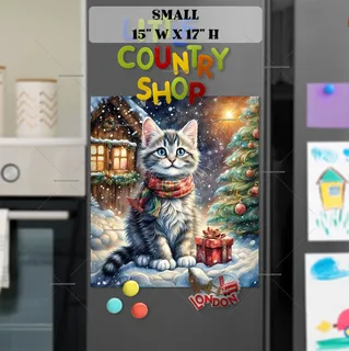 Preview of Kitten front of a Christmas Cottage magnet in Small size.