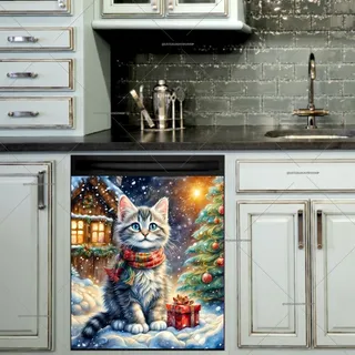 Preview of Kitten front of a Christmas Cottage magnet.