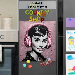 Preview of Audrey Hepburn in Headphones magnet in Small size.