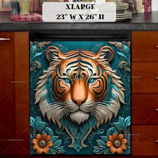 Preview of Tooled Leather Tiger and Flowers magnet in Extra Large size.