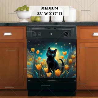 Preview of Black Cat in the Tulip Garden magnet in Medium size.