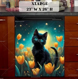 Preview of Black Cat in the Tulip Garden magnet in Extra Large size.