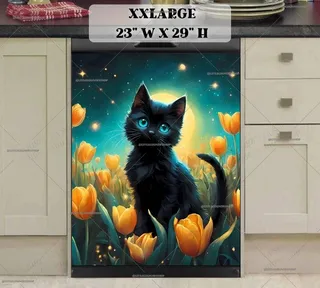 Preview of Black Cat in the Tulip Garden magnet in XX Large size.