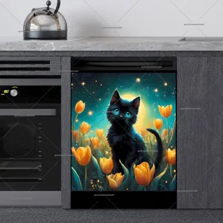 Preview of Black Cat in the Tulip Garden magnet.